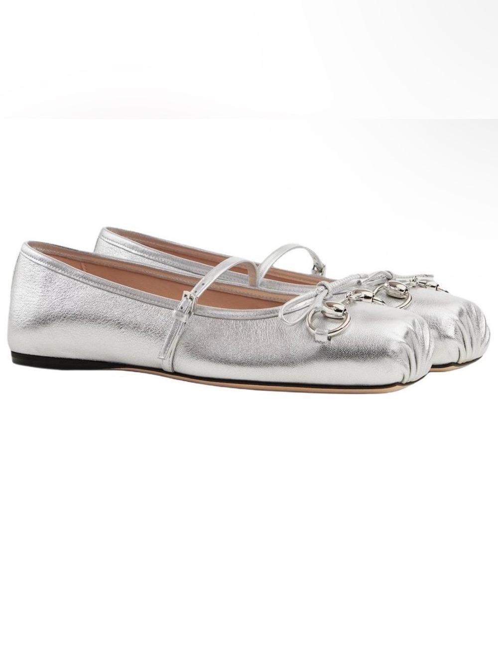 GUCCI Horsebit Flat Mary Jane Shoes Silver Nappa Lame Argento 814413